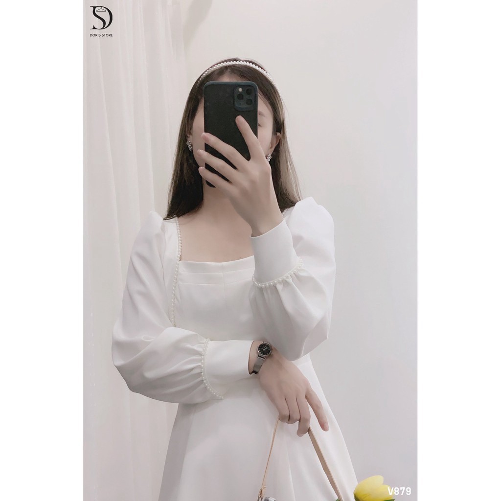 Đầm trắng cổ vuông, tay dài phối ren hạt - Váy trắng cổ vuông, tay dài phối ren hạt, ulrang đi tiệc
