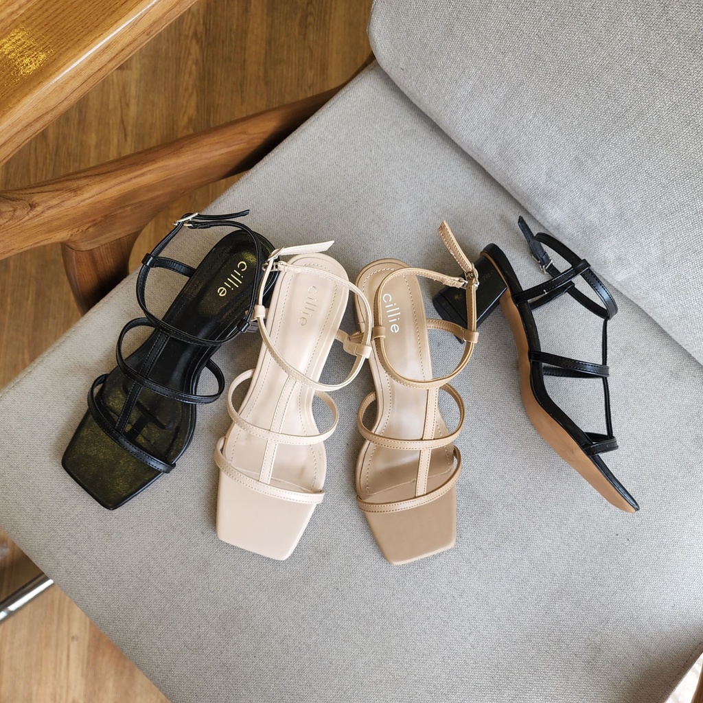 Giày sandal cao nữ quai mảnh chiến binh đế vuông cao 5cm đi học đi làm Cillie 1098
