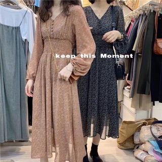 [sẵn/Hình thật] Thanh lý Váy maxi hoa nhí chun eo vintage tiểu thư cúc bọc