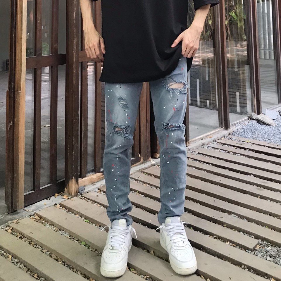 Quần jean nam cao cấp streetwear KQ30 màu xanh wash vẫy sơn rách bui bậm form slimfit chất jean co giãn, thoải mái.