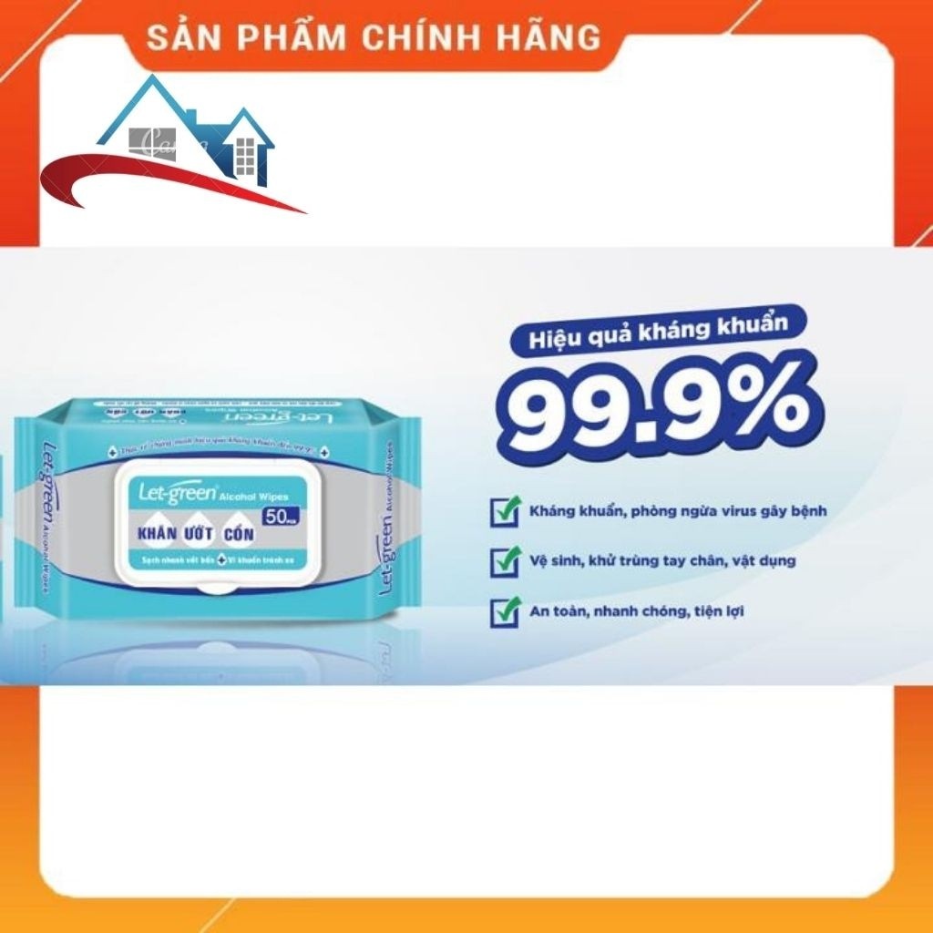 Khăn ướt cồn kháng khuẩn LETGREEN diệt khuẩn 99,9%, 50 miếng, đa năng, REWASA hàng chính hãng KUC01