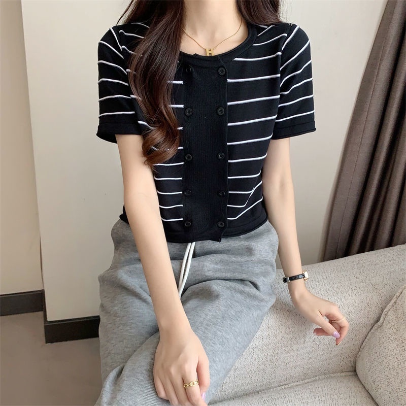 Áo Cardigan Ngắn Tay Dáng Rộng Họa Tiết Kẻ Sọc Thời Trang Mùa Hè