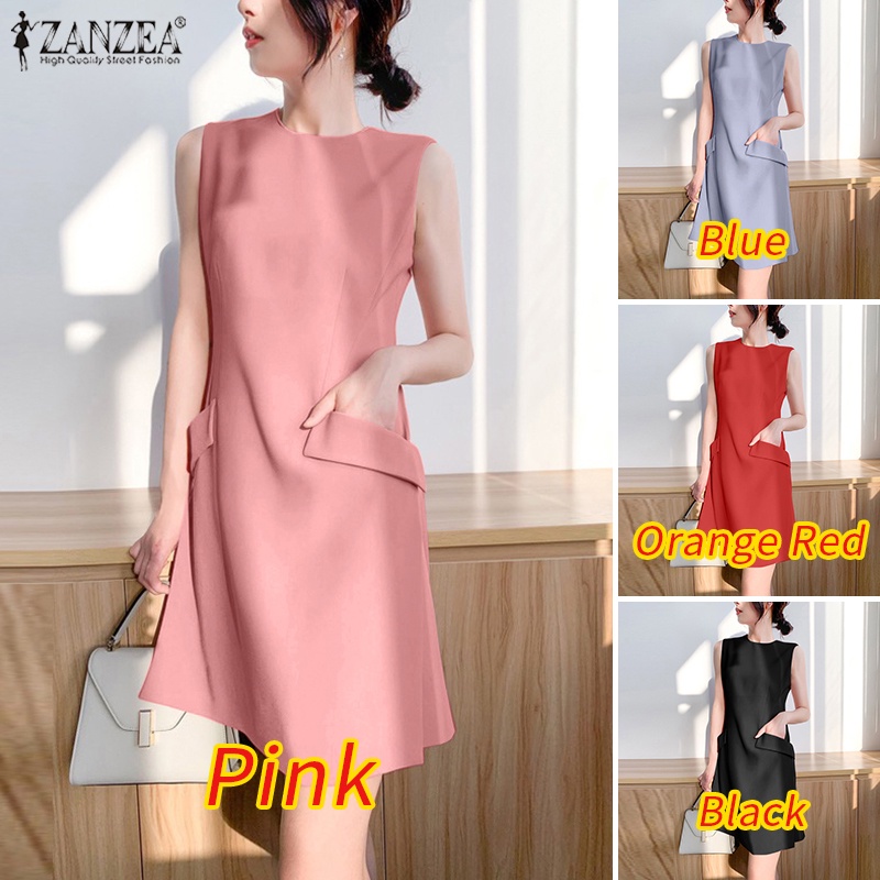Đầm mini ZANZEA không tay cổ tròn có túi trước thời trang cho nữ