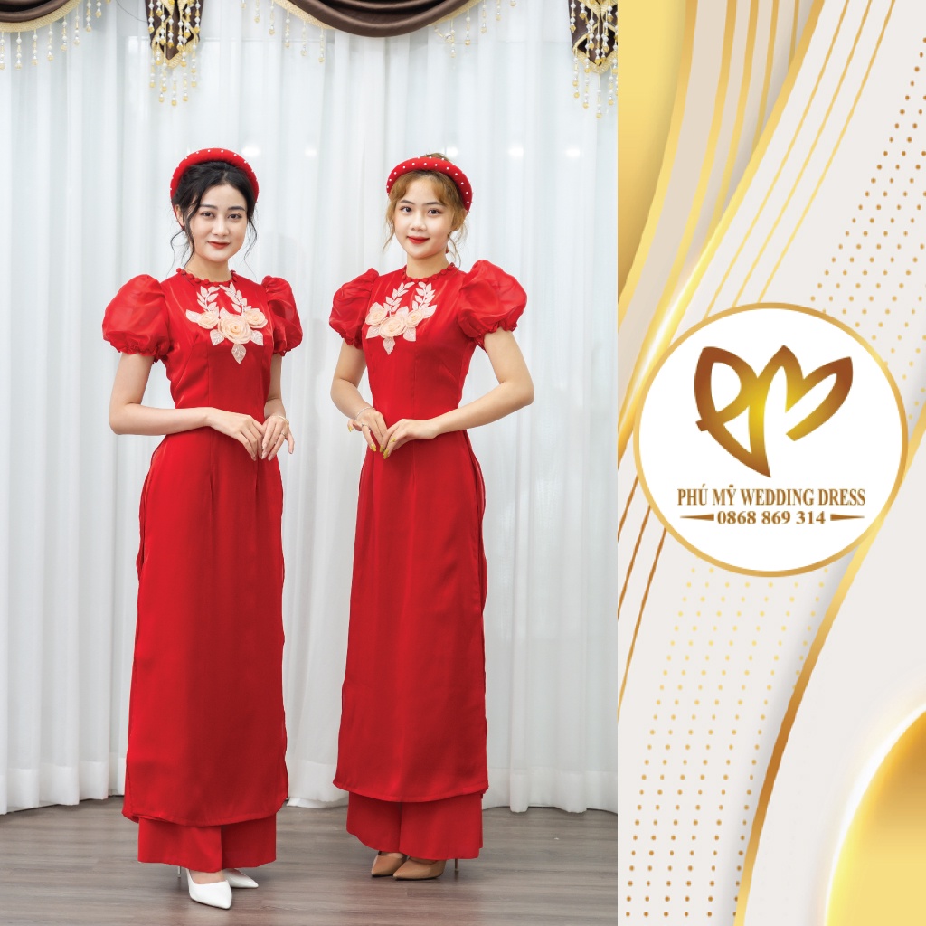 Áo dài truyền thống voan tơ tay bồng màu đỏ đính hoa hồng