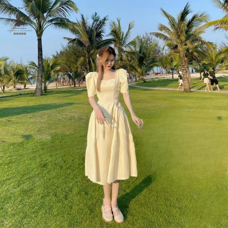 Đầm cổ vuông tay phồng ngắn tay dự tiệc sang chảnh dài qua gối có túi gập ly hàng thiết kế chuẩn