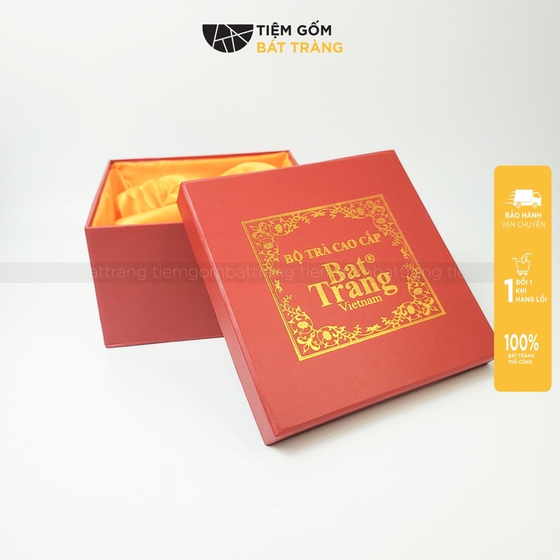 Hộp Xi Đỏ Lót Lụa Vàng Đựng Ấm Chén Hộp Quà Gốm Sứ Bát Tràng Sang Trọng 25x30cm