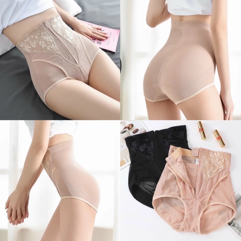 Quần gen bụng kéo khóa cạp cao phối ren lưới định hình dáng chuẩn eo thon