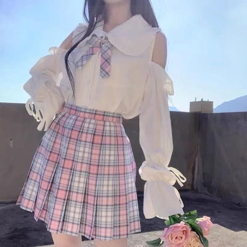 Áo sơ mi tay dài ống loe hở vai phong cách lolita Nhật Bản cho nữ