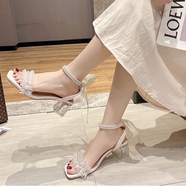 GIÀY SANDAL CAO GÓT NỮ ĐẾ VUÔNG 5 PHÂN QUAI ĐÍNH NGỌC THẮT NƠ HH35