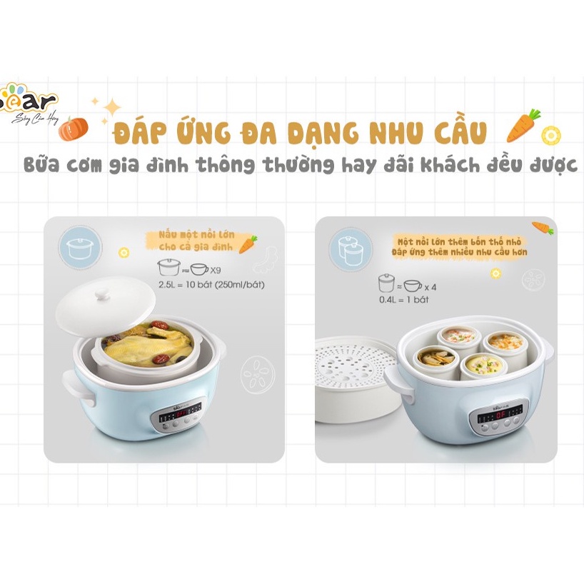 Nồi nấu chậm đa năng Bear DDZ-C25E1/SUBE002 2.5L, CS 380W,  tích hợp 5 lõi sứ thông minh, Hàng Chính Hãng, BH 18 tháng