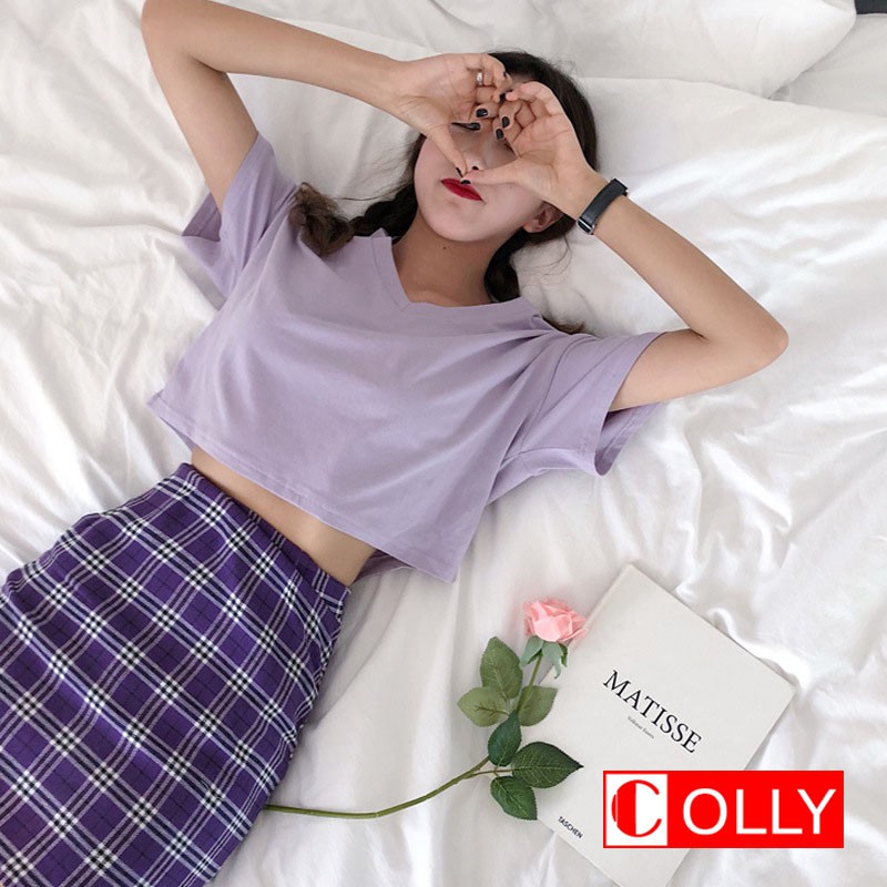 [Mã WAST55 giảm 10k đơn 0đ] Áo thun Croptop form rộng tay lỡ cổ tim cá tính - COLLY