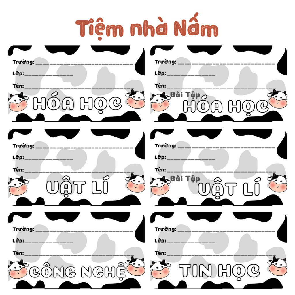 Combo Nhãn Vở Thiết Kế Theo Tên Môn Học, Bò Sữa
