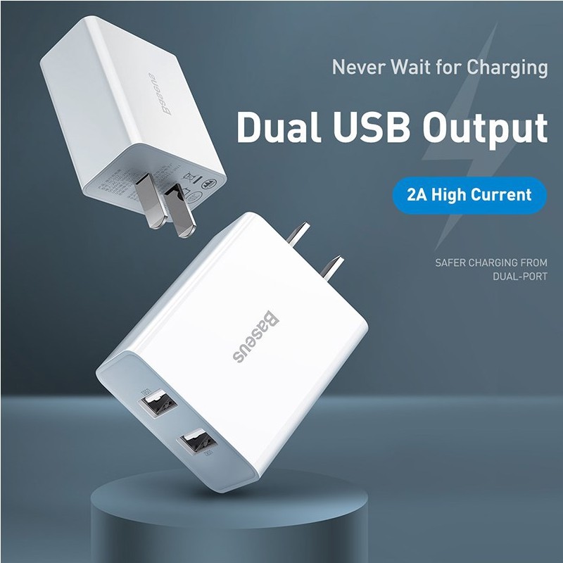 CHÍNH HÃNG_Củ sạc nhanh BASEUS 2 cổng USB 10.5W 5V 2A cho IPad iPhone 11 Pro X 8 7 Plus Xs Max Samsung Xiaomi