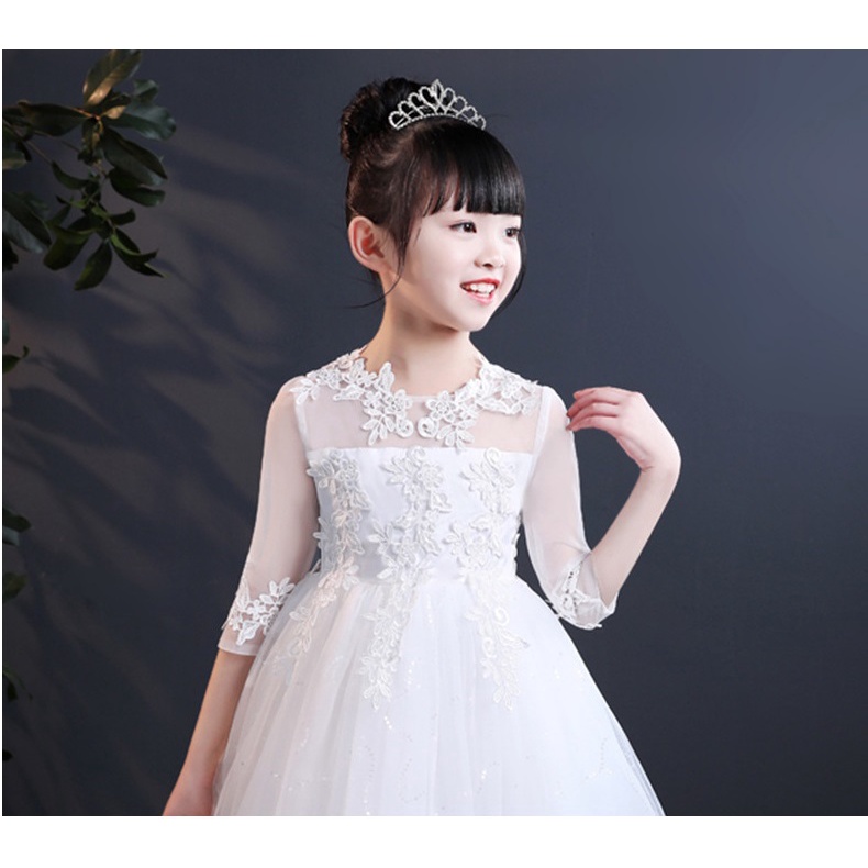 Váy công chúa bé gái thiết kế cao cấp cho bé đi dự tiệc phù dâu từ 3 đến 12 tùng lỡ tay lỡ màu trắng DBG094