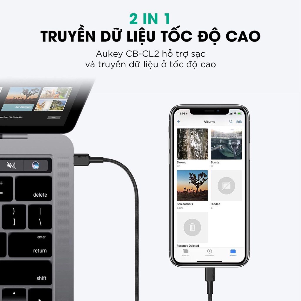 Combo Sạc Nhanh Aukey PA-F1S Power Delivery 20W-Cáp Sạc Nhanh USB-C To Aukey CB-CL2 2M - Hàng Chính Hãng