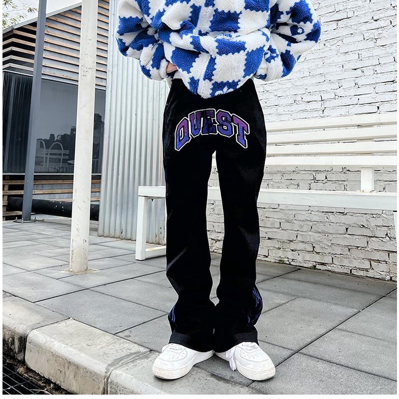 Quần jean dài thêu ngọn lửa phong cách hip hop cho nam