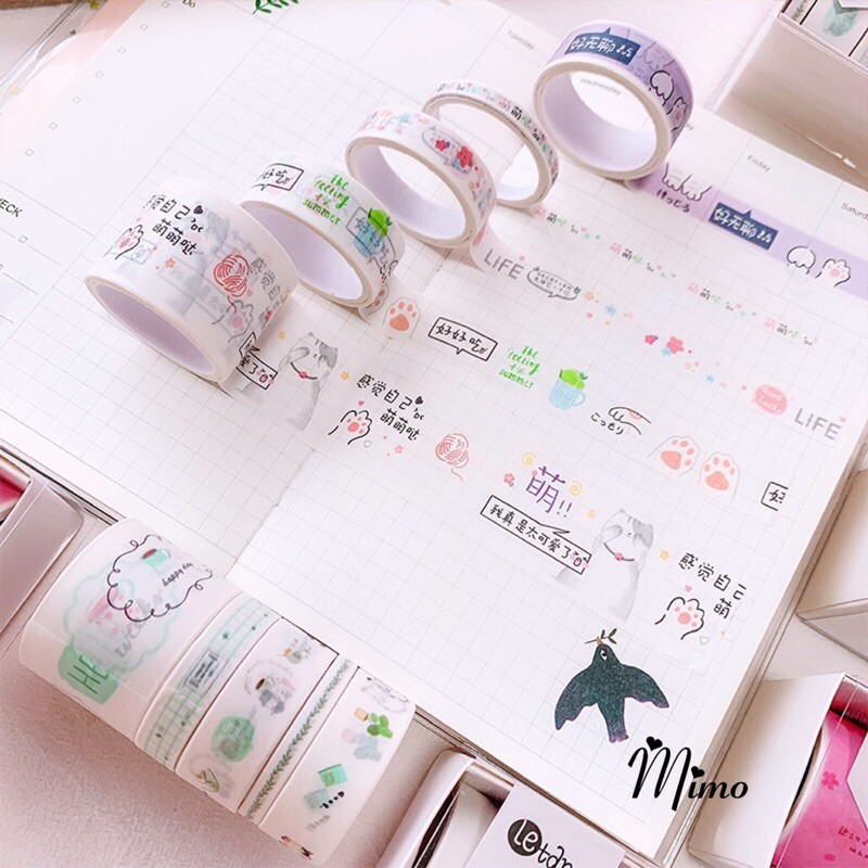 Hộp 5 cuộn băng dính washi tape trang trí planner mẫu mới hoạt hình ngộ nghĩnh dùng dán hộp, kệ, sổ... nhiều màu độc đáo