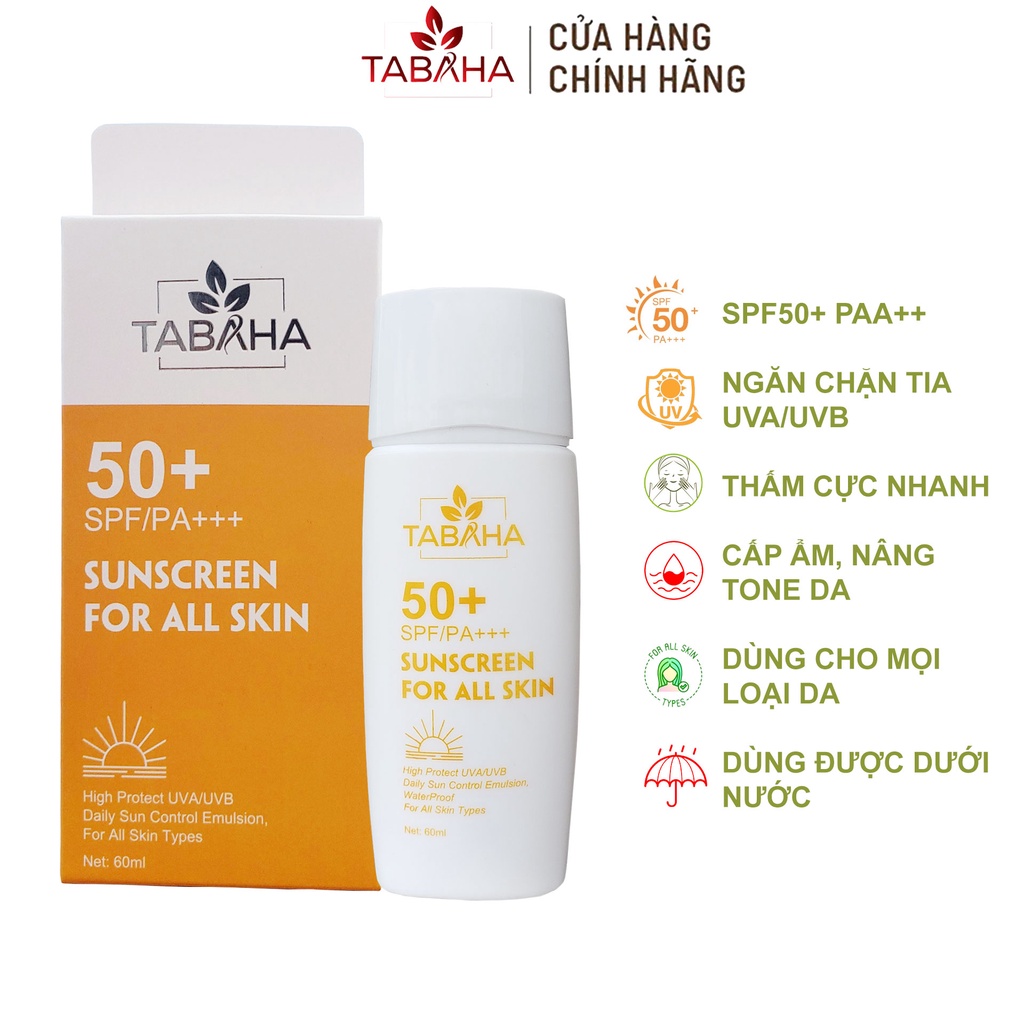 Kem Chống Nắng TABAHA Sunscreen 60ml SPF50+ PA+++ Ngăn Tia UV Cấp Ẩm Nâng Tone Da