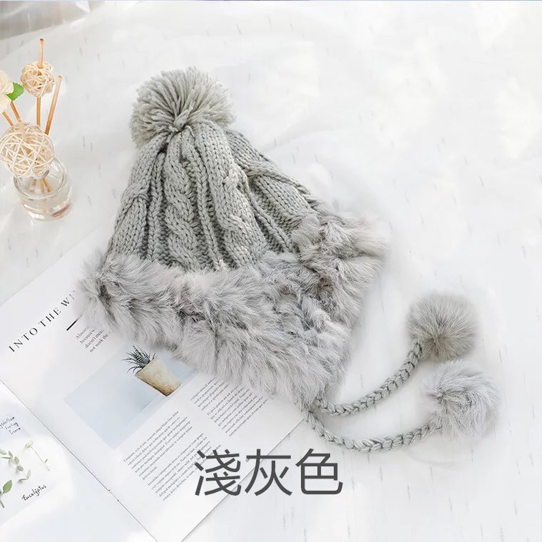 Mũ Len Dệt Kim Màu Trơn Đính Quả Bông Phong Cách Thời Trang Thu Đông Hàn Quốc Cho Nữ