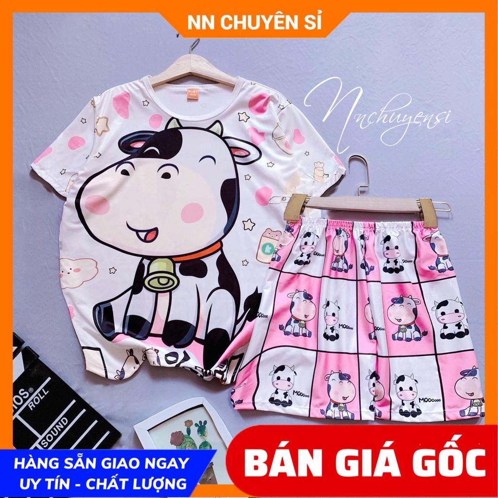 Đồ bộ thun đùi cho bé gái 7 ký đến 70 ký vải thun mềm mịn mát in hình bò sữa dễ thương đồ ngủ gia đình DBRBD FULL SIZE