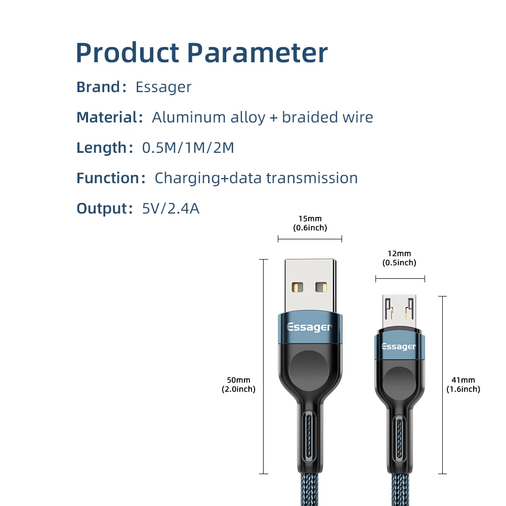 Cáp Sạc ESSAGER Micro USB 2.4A Hỗ Trợ Sạc Nhanh Cho Điện Thoại Samsung Android Dài 2m