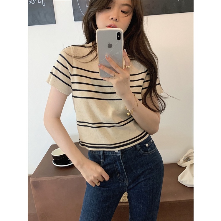Áo Croptop Dệt Kim Mỏng Ngắn Tay Kẻ Sọc Thời Trang Mùa Hè Cho Nữ
