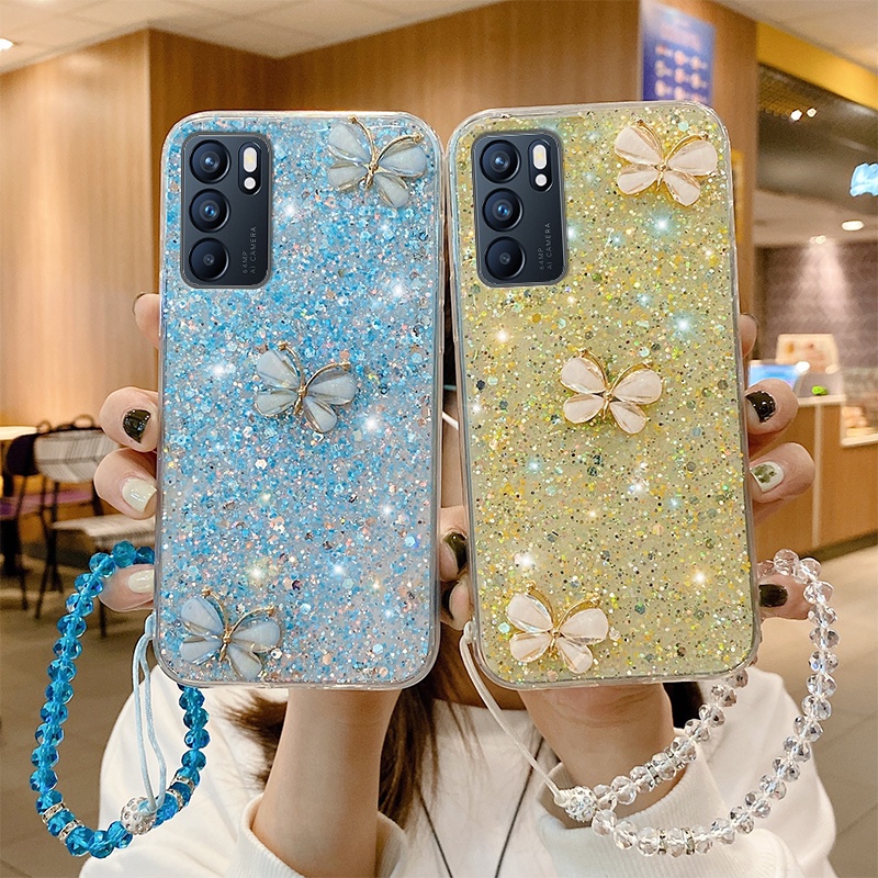 Ốp Điện Thoại Silicon Đính Kim Tuyến Sang Trọng Kèm Dây Đeo Cho OPPO Reno 6 5 4 3 4G 2 2F
