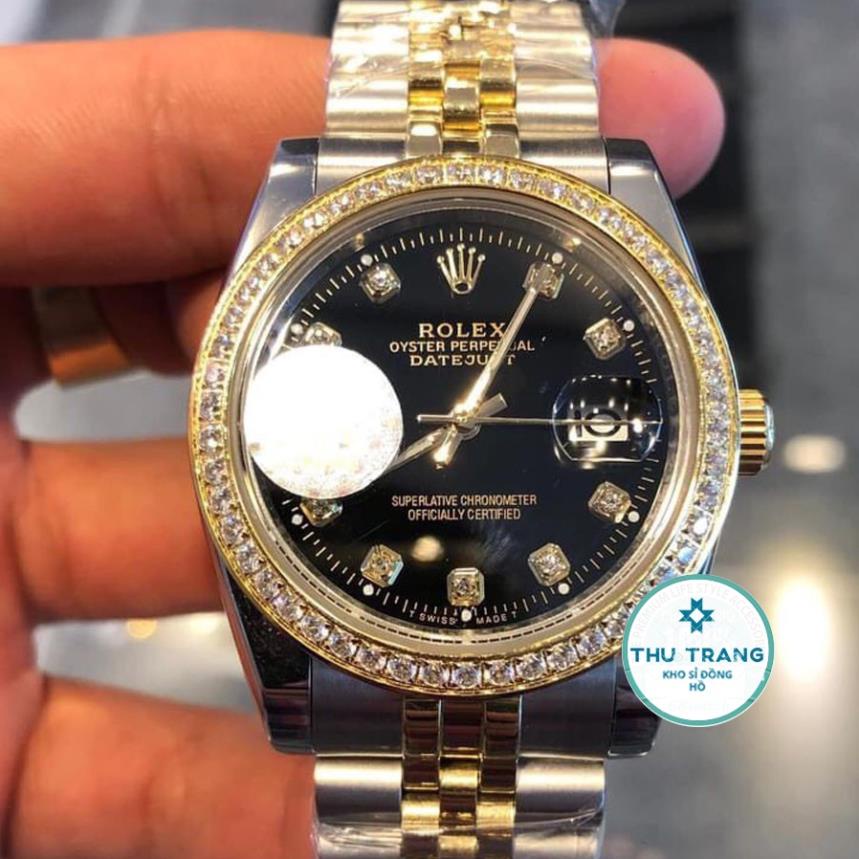 Đồng hồ Nam Rolex máy nhật, mẫu classic, mặt đen viền vàng đính đá dây kim loại, dòng cơ Automatic size 39mm-40mm