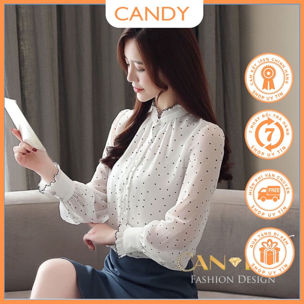 Áo Sơ Mi Nữ Kiểu Dài Tay Chấm Bi Nhỏ Màu Đen Trắng  SM164 -  Candy Fashion