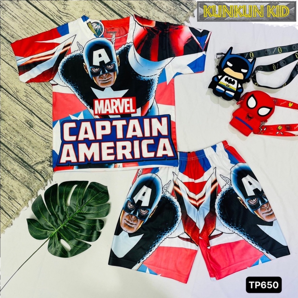 Quần áo trẻ em in 3d tay ngắn captain america size đại 10-60kg Kunkun TP650 thun lạnh co giãn 4 chiều