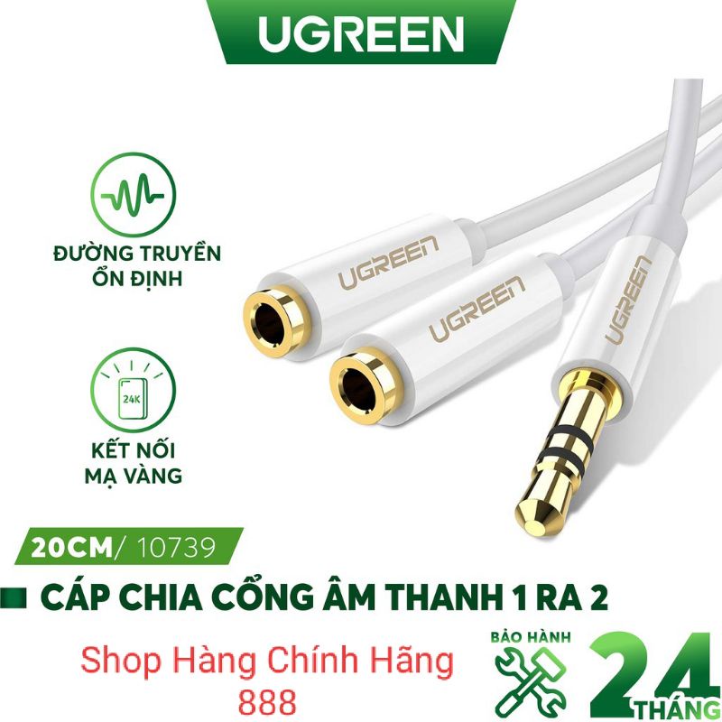 Dây chuyển đổi Audio 3.5mm 1 đầu Đực sang 2 đầu 3.5mm Cái, 2 tai nghe Ugreen 10739 AV123 dài 20cm - Hàng Chính Hãng