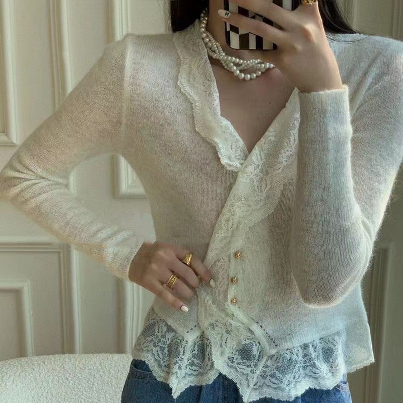 Áo Sweater Dệt Kim Mỏng Tay Dài Phối Ren Phong Cách Pháp Thời Trang Mùa Đông Mới Cho Nữ