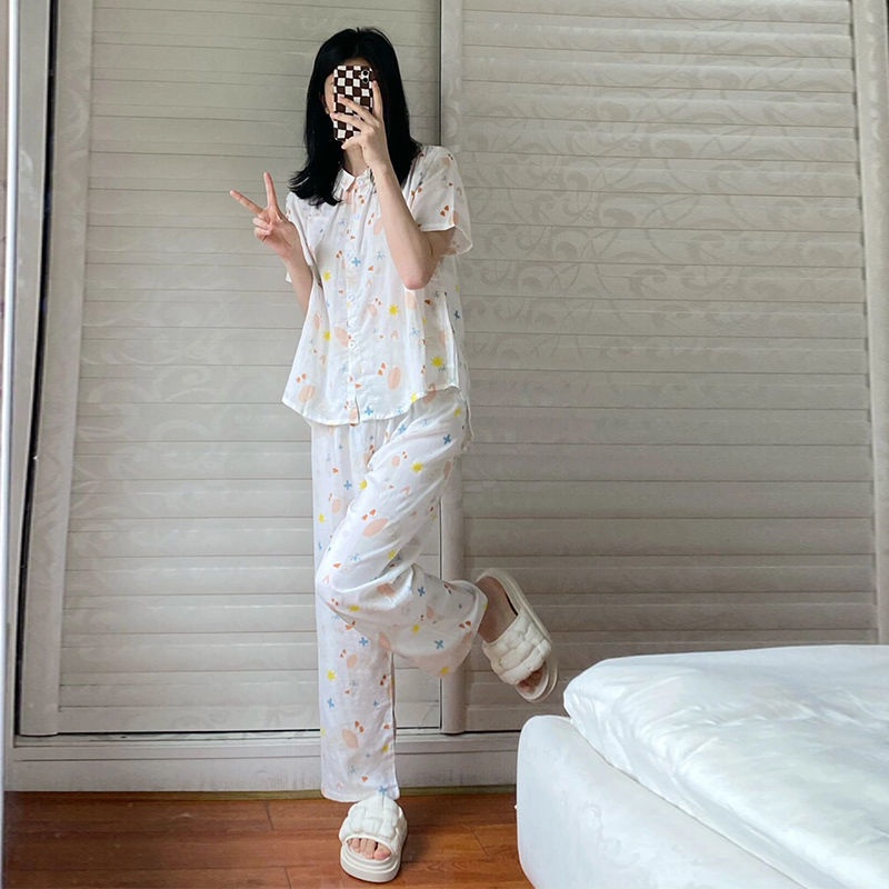Bộ Đồ Ngủ Mặc Nhà Vải Mỏng Tay Ngắn In Họa Tiết Dễ Thương Thời Trang Mùa Hè Cho Nữ
