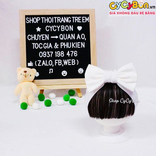 Nón Turban Tóc Giả Cho Bé Gái Màu Trắng Nơ Kèm Tóc Mái Ngang