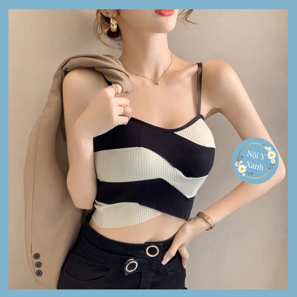 Áo Bra Nữ 2 Dây Mảnh Kẻ Sọc Dáng Lửng Có Đệm Ngực Trend Mới 1887 Nội Y Xanh chất thoáng mát cao cấp