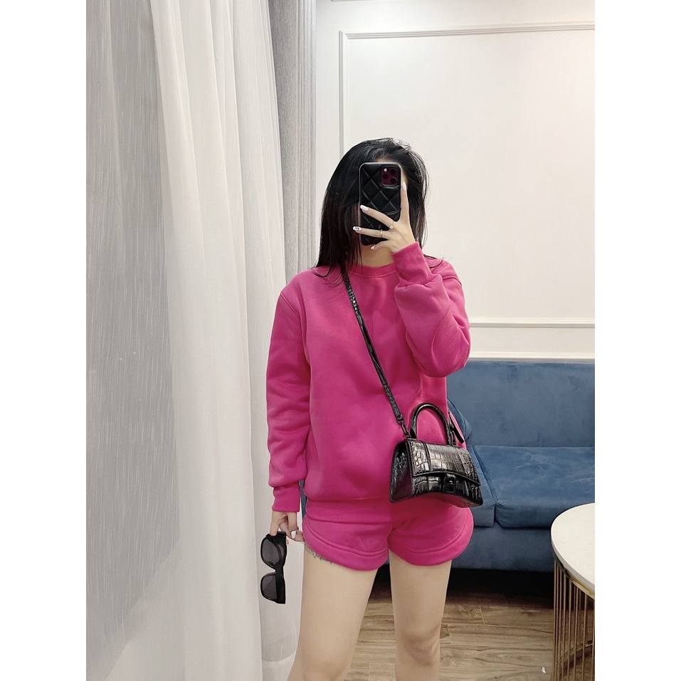 Set bộ nỉ đùi nữ ESSENTIAL gồm áo dài tay cổ tròn và quần sooc 5 màu trơn siêu xinh, chất nỉ bông dày dặn, rẻ đẹp