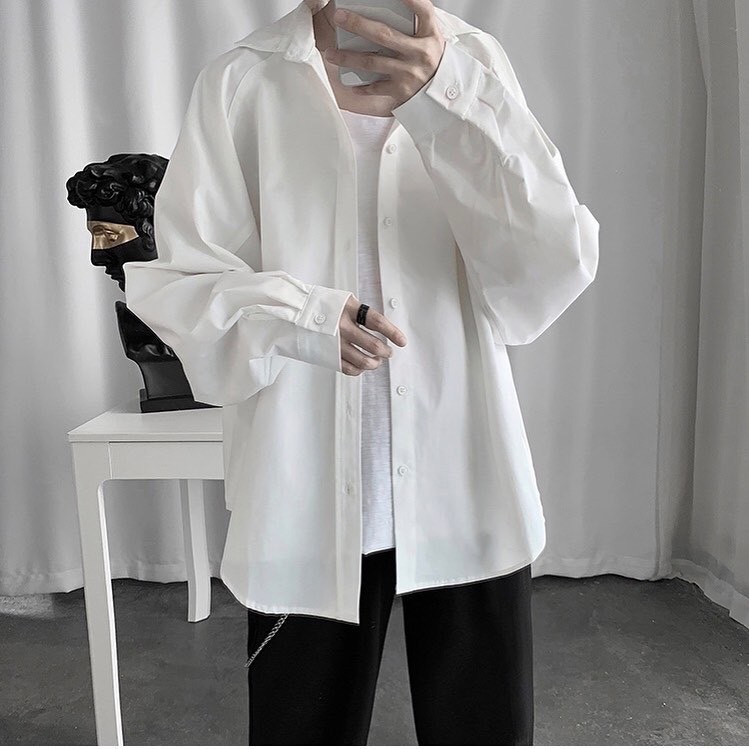 Áo sơ mi trắng đen dài tay form rộng vải lụa mềm phong cách ăn mặc đơn giản | Mr.Tee | BigBuy360 - bigbuy360.vn