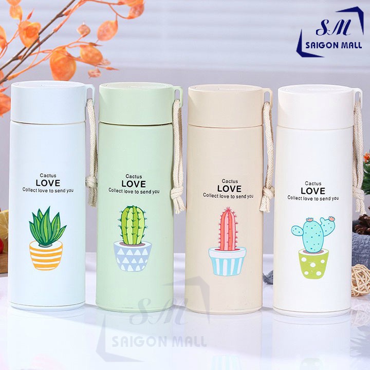 BGN04-Bình giữ nhiệt lõi thủy tinh võ bọc nhựa in hình xương rồng 450ml đặc biệt có dây xách rất tiện lợi