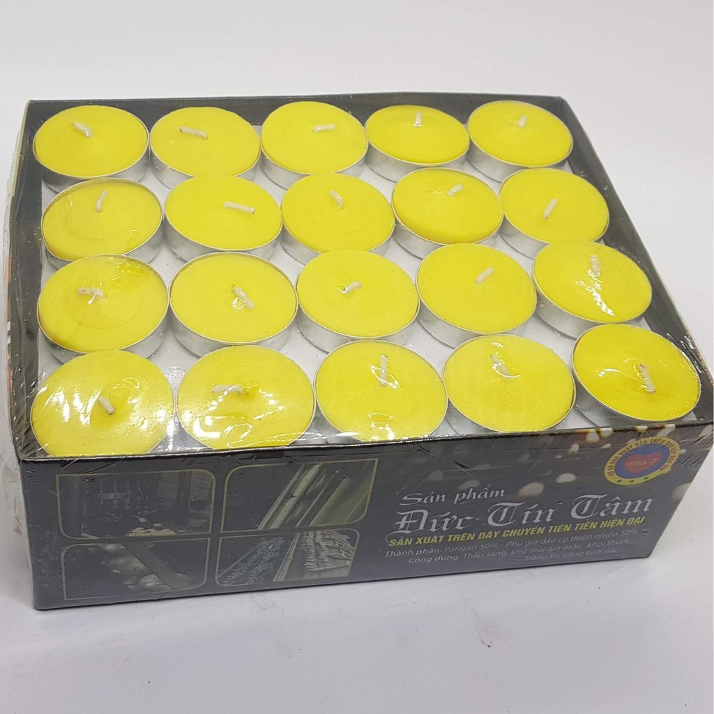 Nến tealight Hoa Mai Sáp Thiên Nhiên 100v/hộp - trắng vàng đỏ - ko mùi ko khói