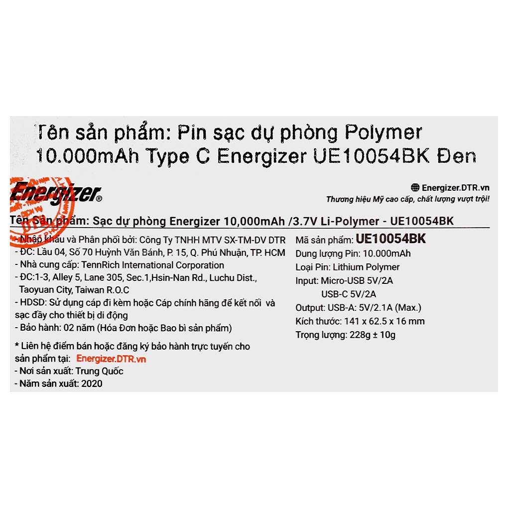 Pin sạc dự phòng Energizer UE10054BK 10.000 mAh Type C/2 cổng USB - Chính hãng BH 24 tháng