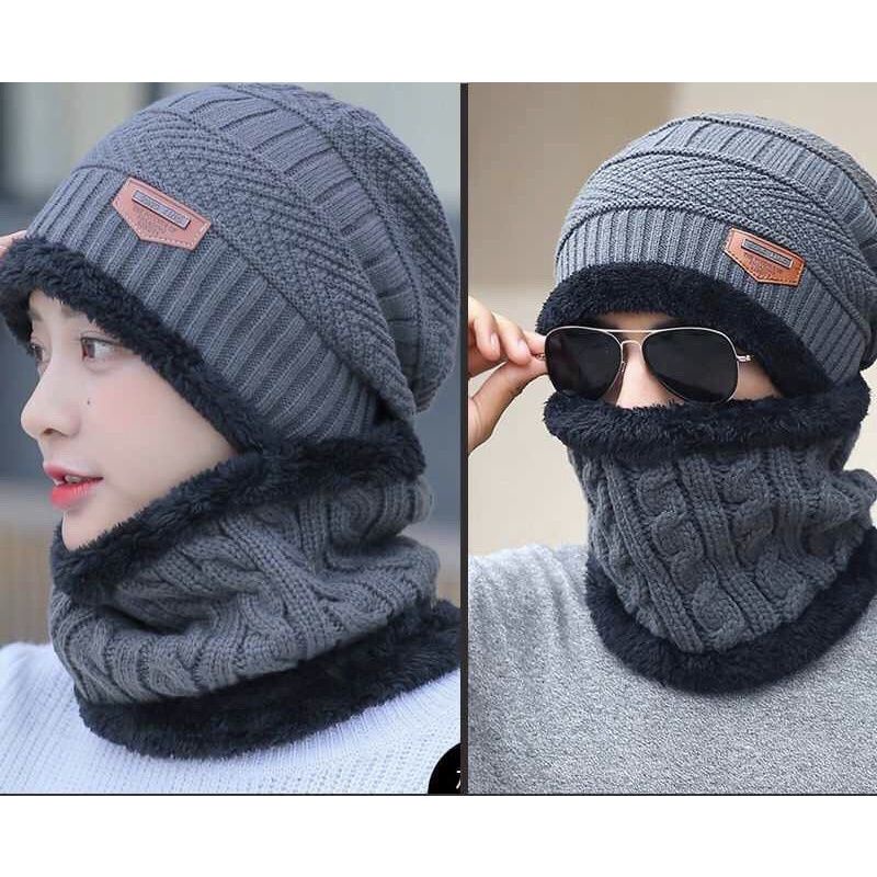 Mũ len kèm khăn cổ lót lông nam nữ siêu ấm