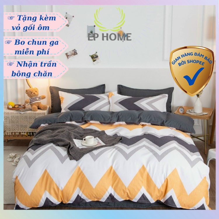 Bộ chăn ga gối Poly Cotton Sóng vàng đen đơn giản cực sang trọng (Tặng vỏ gối ôm) - Miễn phí bo chun