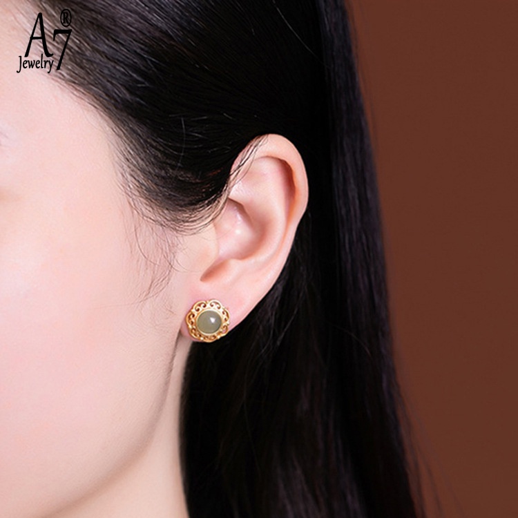 Bông Tai Bạc 925 Đính Đá Ngọc Bích Kiểu Retro Thời Trang Cho Nữ A7 S925