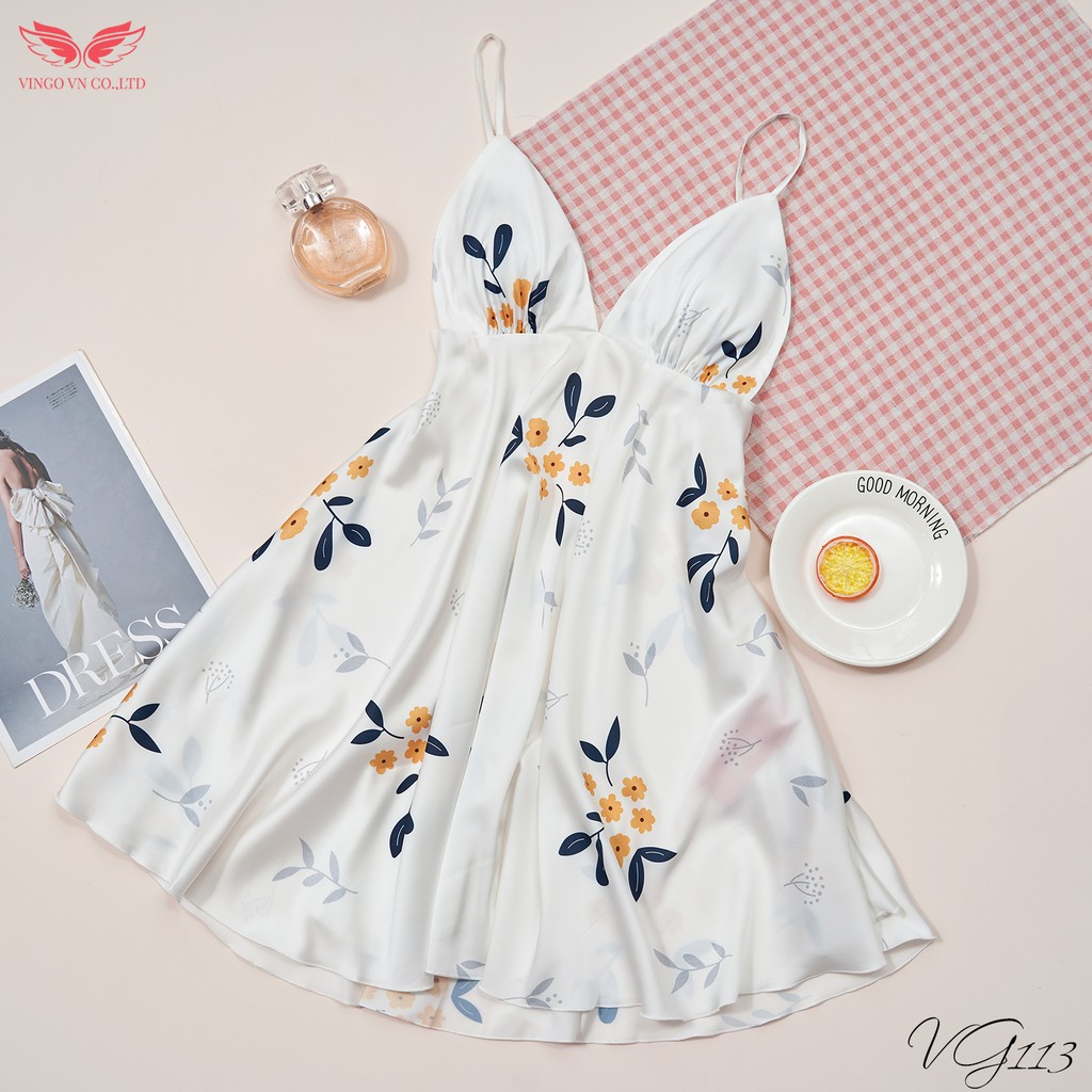 VINGO Váy Ngủ Lụa Pháp Mặc Nhà Nữ Hai Dây Có Mút Ngực Họa Tiết Hoa Vàng Lá Nền Trắng Quyến Rũ VG113 VNGO