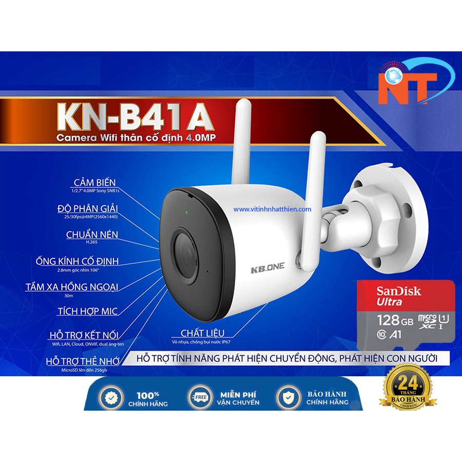 CAMERA IP WIFI NGOÀI TRỜI KBONE KN-B41A1 4MP 2K, TÍCH HỢP MIC THU ÂM, HỒNG NGOẠI BAN ĐÊM, BẢO HÀNH CHÍNH HÃNG 2 NĂM