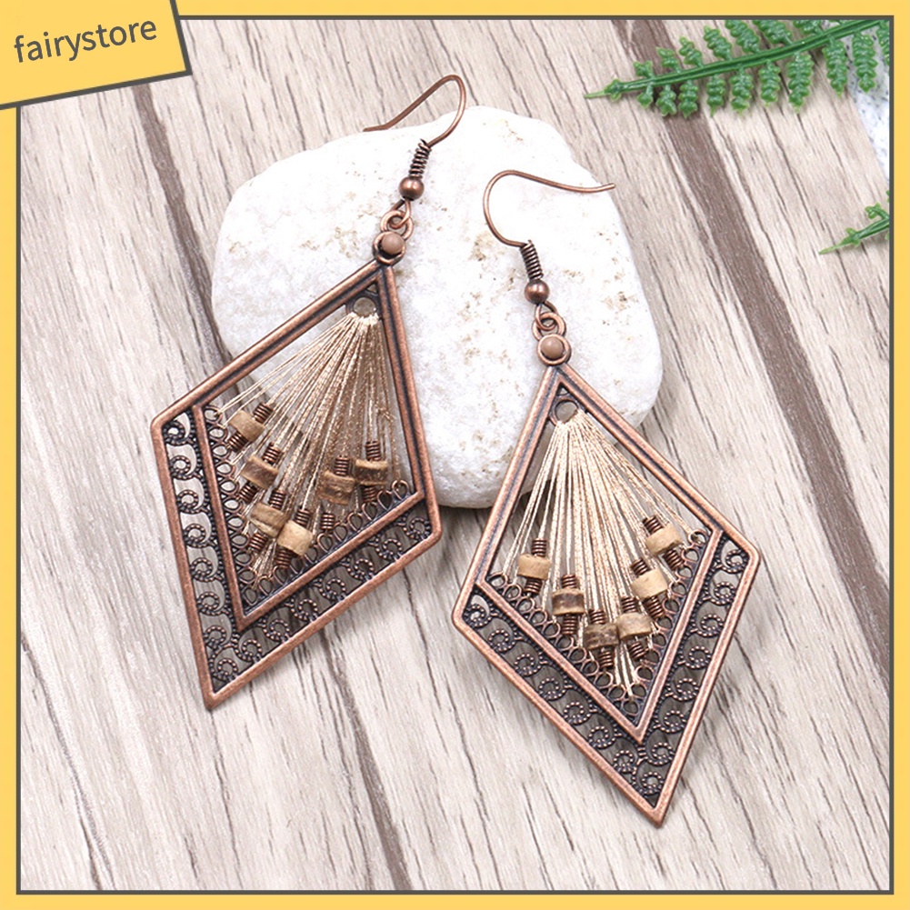 Hoa tai dáng dài bằng kim loại hình thoi phong cách Bohemian