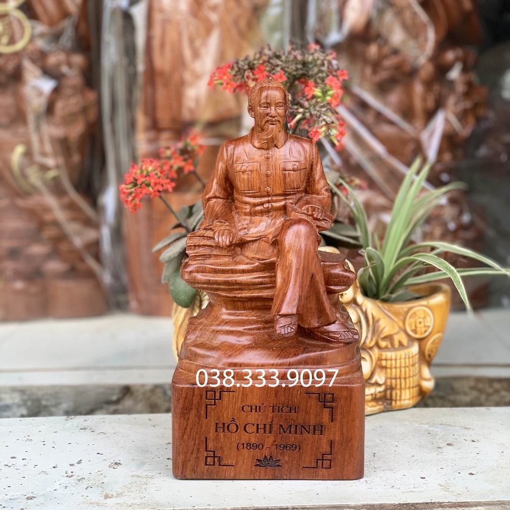 Tượng bác hồ chí minh ngồi đế chữ cao 25cm được làm bằng gỗ hương nguyên khối