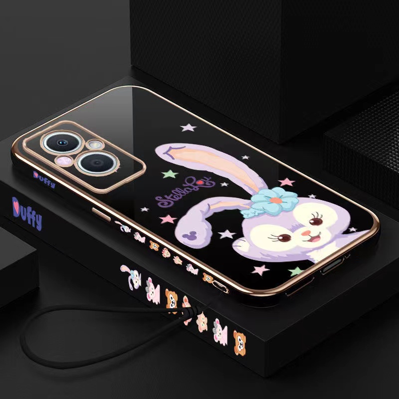 Vỏ OPPO Reno 8 4G Reno 8 Z 5G Reno 8 5G Reno 8 Pro 5G A57 4G 2022 A76 A96 A16K A16e Cạnh thẳng mạ điện 90 ° Phim hoạt hình thỏ Bảo vệ máy ảnh Vỏ điện thoại