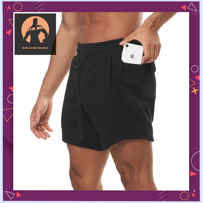 Quần đùi tập gym nam, tập chạy bộ dáng ngắn trên gối, chất vải cotton da cá, không logo, thoáng mát