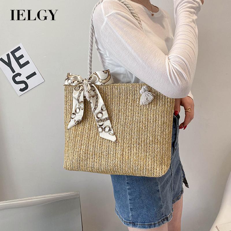 Túi xô IELGY đeo vai kiểu dệt rơm sức chứa lớn trẻ trung cho nữ